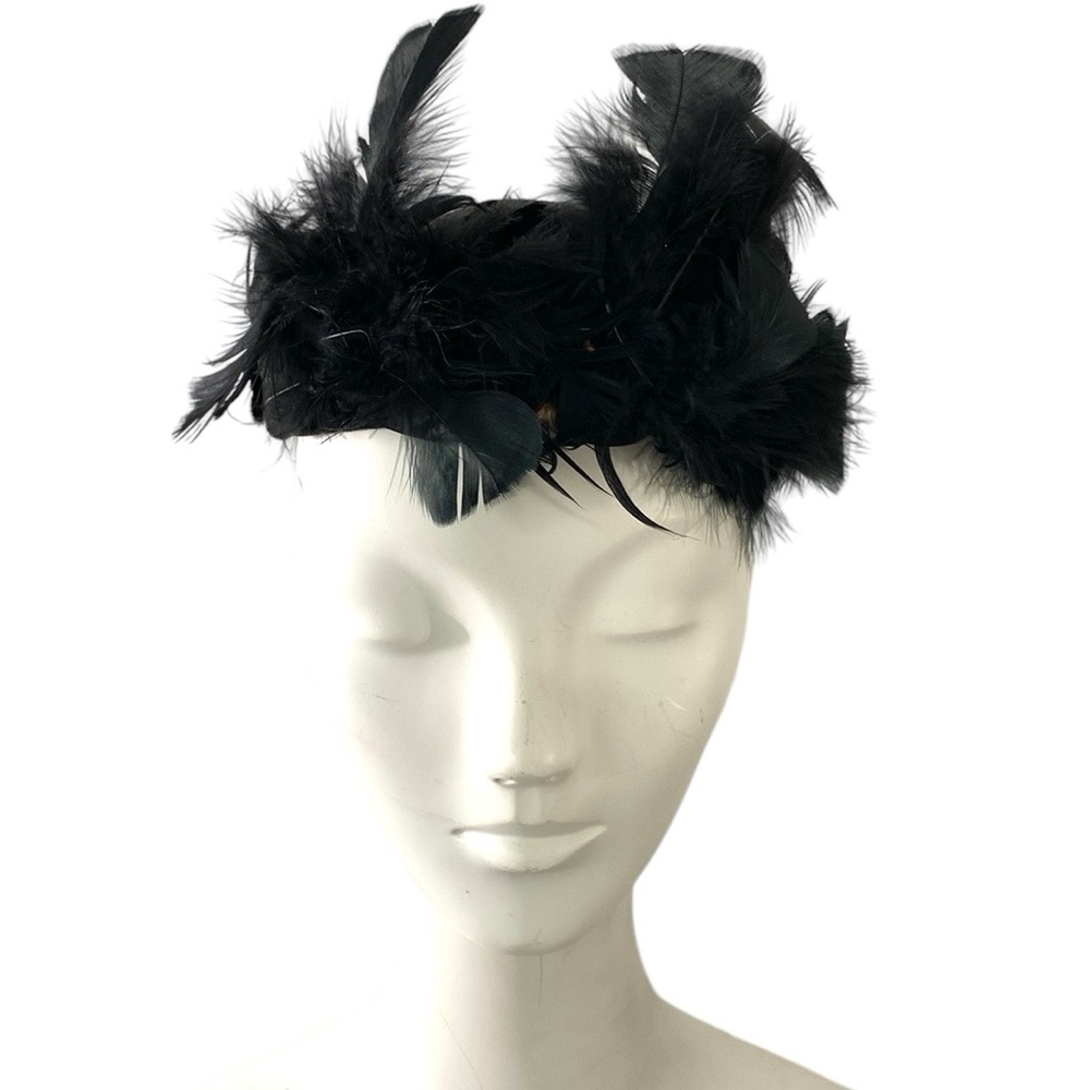 Vintage Pill Box Hat Feathers Black Velvet Fascinator Formal Head Piece 22”